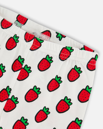 Legging court blanc imprimé de fraises pop en coton biologique - F30K61-091 - 2 à 10 ans
