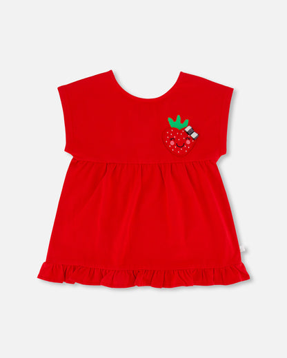 Long t-shirt avec volants rouge en coton biologique - F30K76-732 - 2 à 10 ans