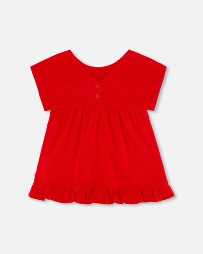 Long t-shirt avec volants rouge en coton biologique - F30K76-732 - 2 à 10 ans