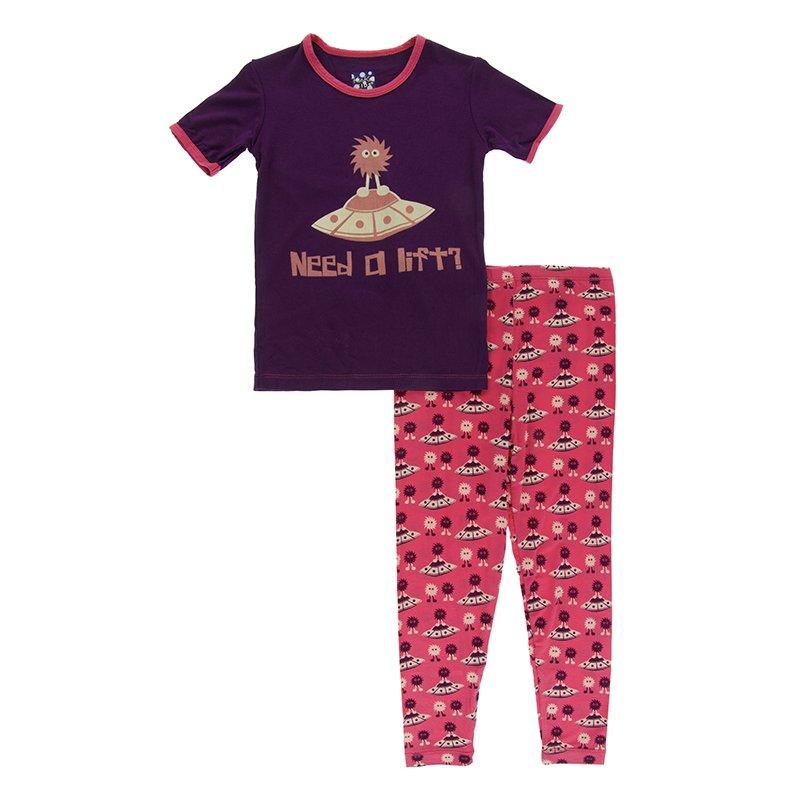 Pyjama à manches courtes deux pièces, à imprimé - Extraterrestres avec soucoupes volantes - Couleur  gingembre rouge - Pirouette & Cie