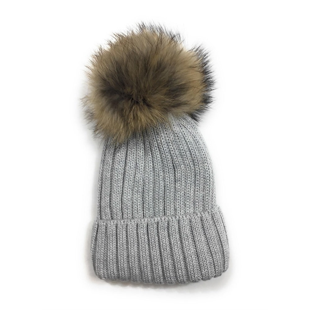 Tuque lainage avec pompon naturel - Gris