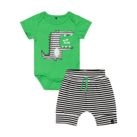 Ensemble cache-couche imprimé gentil croco et short évolutif rayé en coton organique C30D10.317 - Islande verte