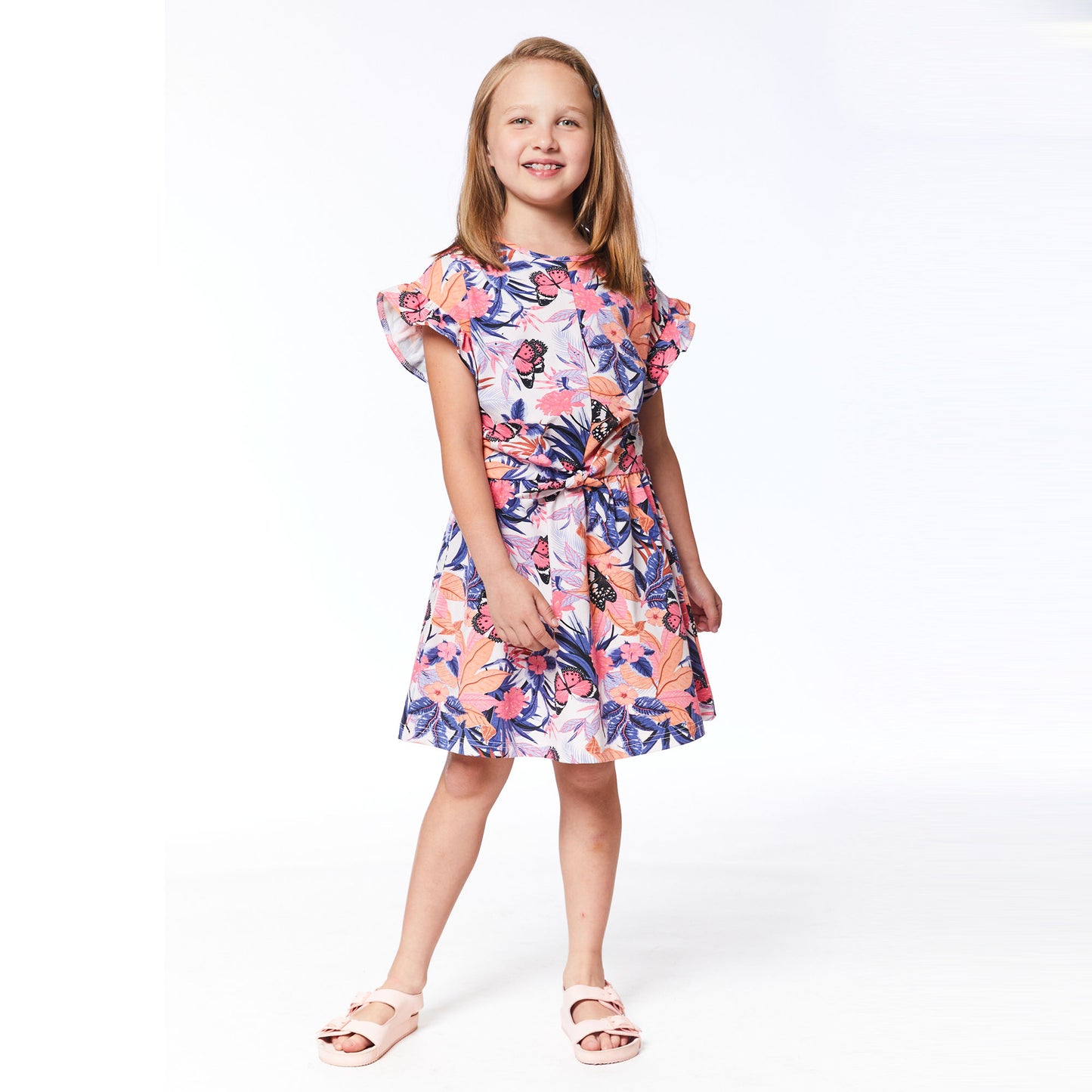 Robe imprimée avec noeud E30K90-054 - Fleurs papillons - 2 à 14 ans