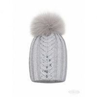 Tuque avec pompon naturel et petites pierres brillantes 3-5 / 5-7  - Gris