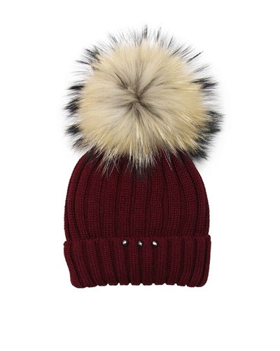 Tuque avec pompon naturel et petites pierres brillantes 5-7 ans - Bourgogne