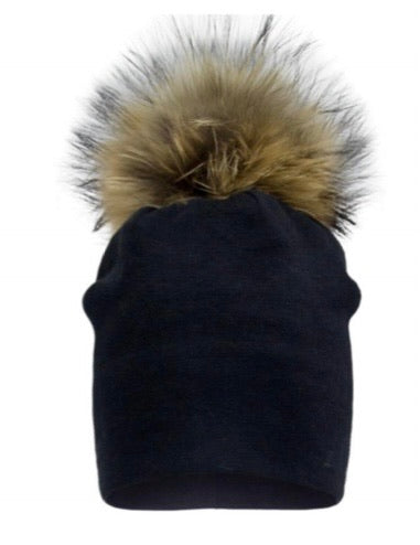 Tuque avec pompon en fourrure - Noir